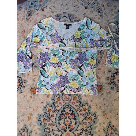 CDP & Co. Floral Lightweight Tight Knit 3/4 Sleeve Sweater with Sequins - M - Picture 5 of 9
